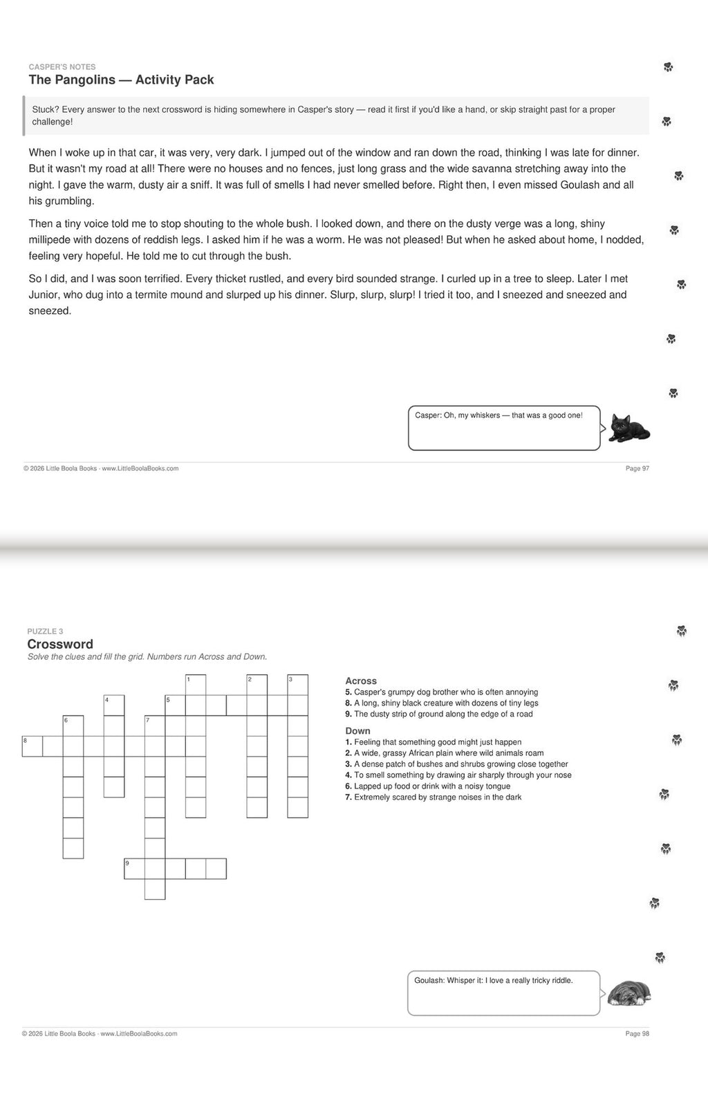 Inside Activity Book 1: The Pangolins. Puzzles & Play: Casper's notes and a crossword whose answers hide in the story