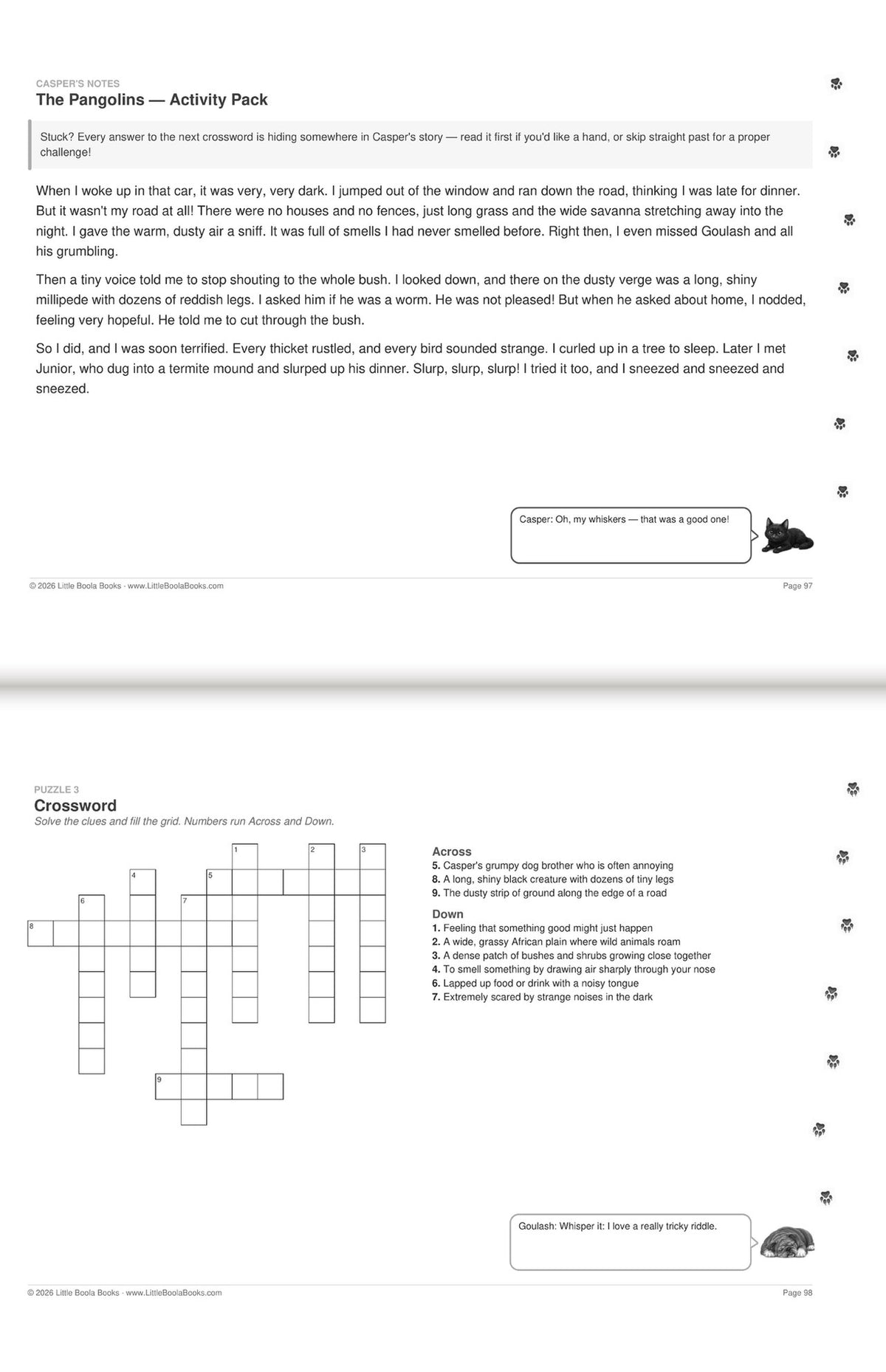 Inside Activity Book 1: The Pangolins. Puzzles & Play: Casper's notes and a crossword whose answers hide in the story