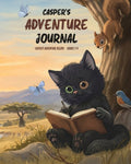 Casper's Adventure Journal front cover: Casper writing in her journal under a tree, with a squirrel, butterflies and a bird