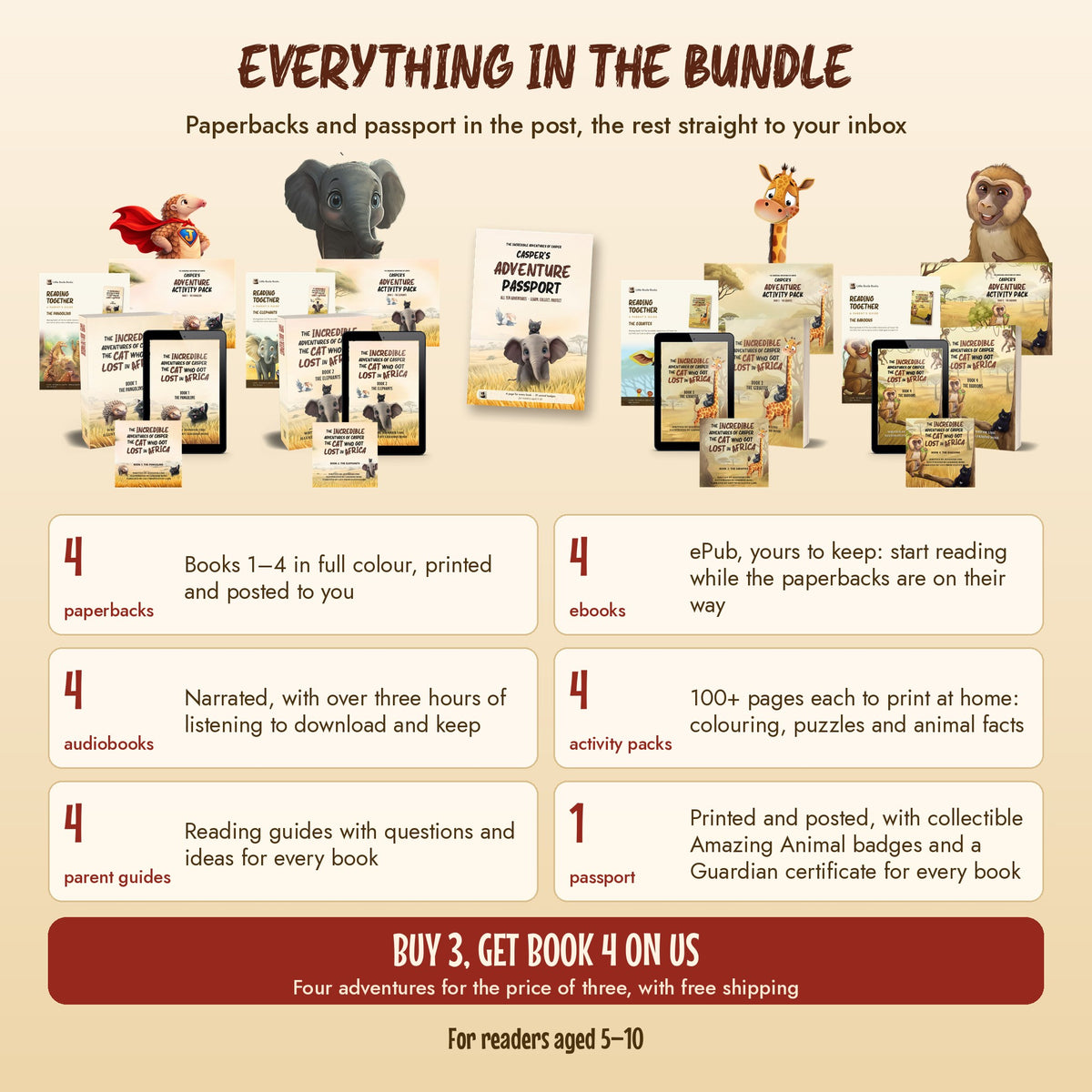 Everything in the Casper's Adventure Begins bundle: 4 paperbacks, 4 ebooks, 4 audiobooks, 4 activity packs, 4 Parent Guides and Casper's Adventure Passport. Buy 3, get Book 4 on us.