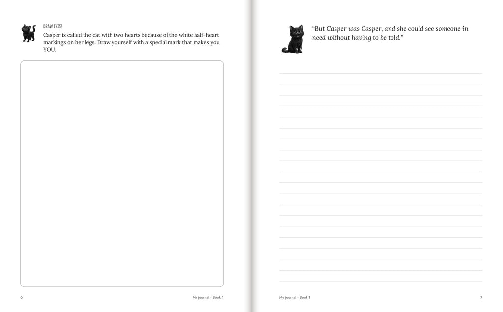 Inside Casper's Adventure Journal: a drawing page and a writing page with a Casper cameo