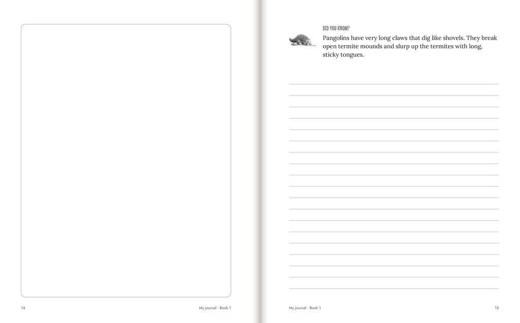 Inside Casper's Adventure Journal, Book 1: a drawing page and a Did You Know? pangolin fact