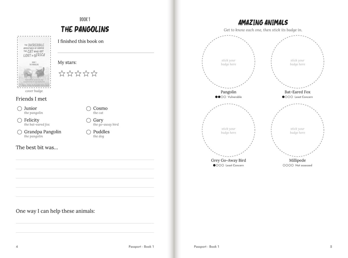 Inside Casper's Adventure Passport: a book page and its Amazing Animal badge spaces