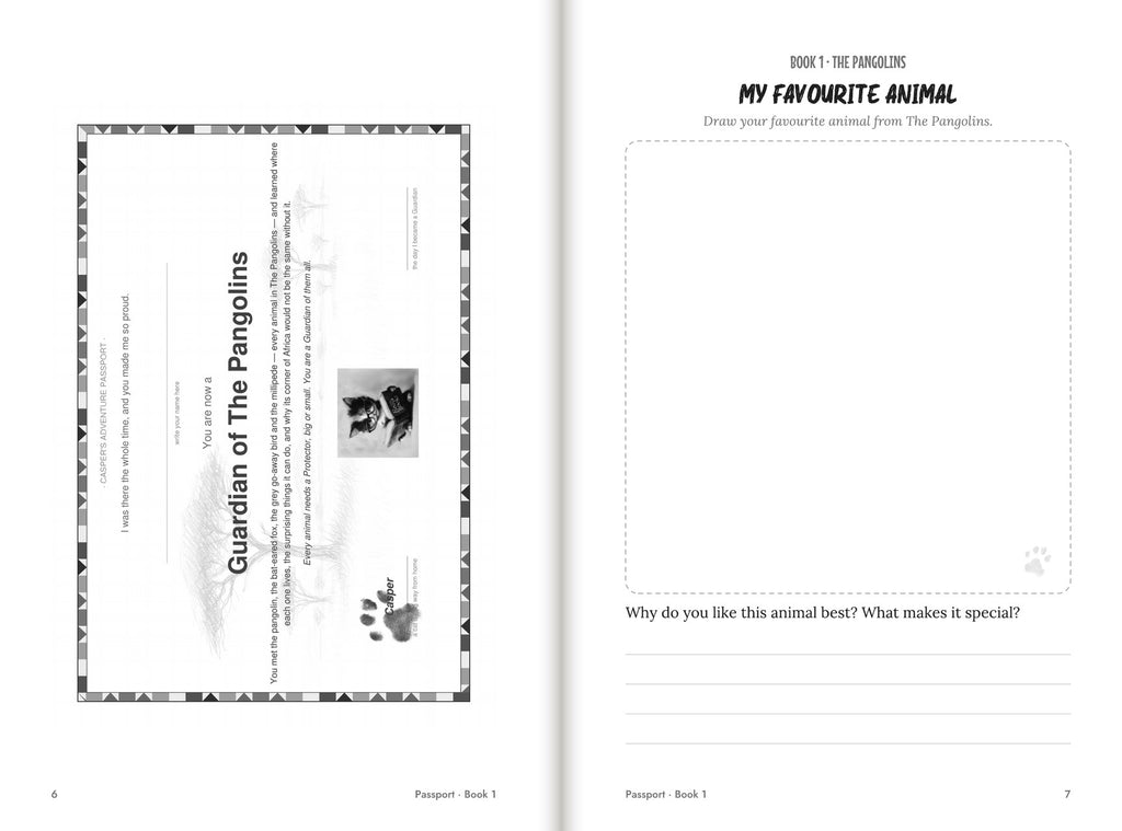 Inside Casper's Adventure Passport: the Guardian certificate and My Favourite Animal page